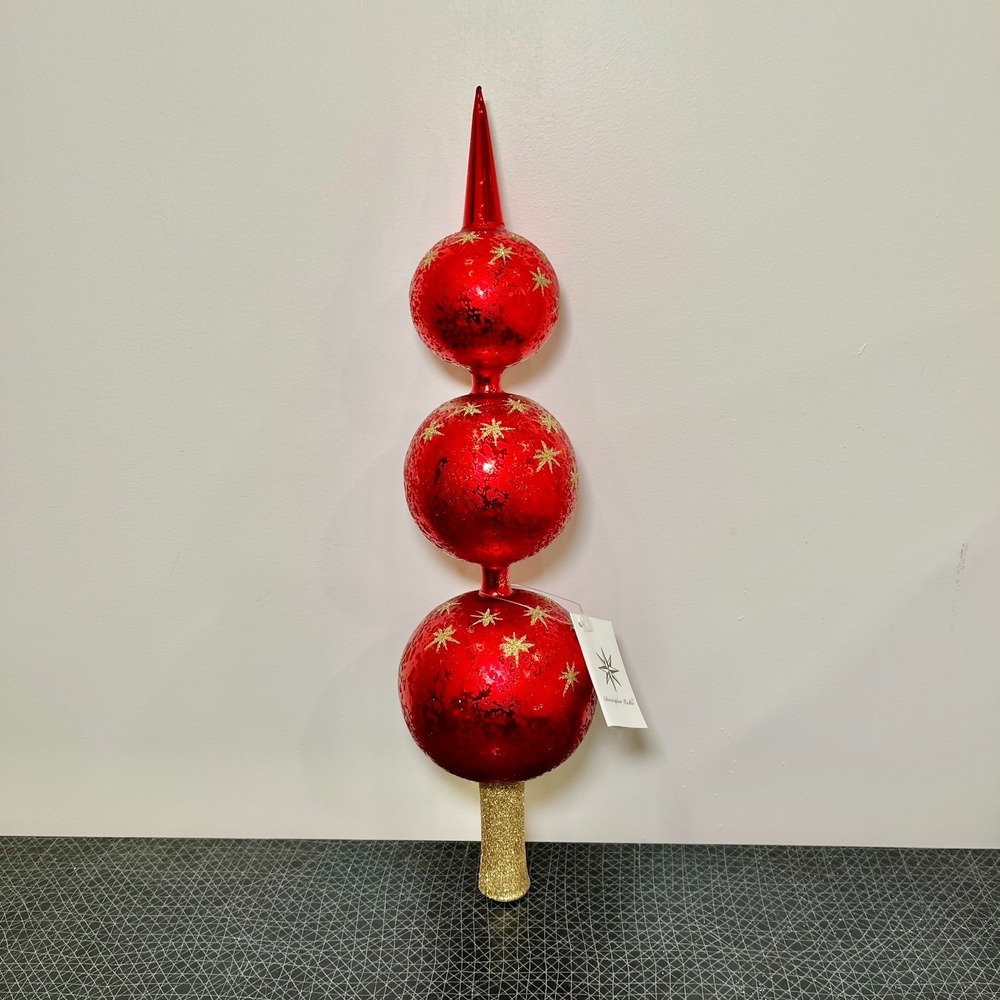 Christopher Radko RUBY STAR Triple Drop Ball Tree Topper Finial Red, Gold RARE